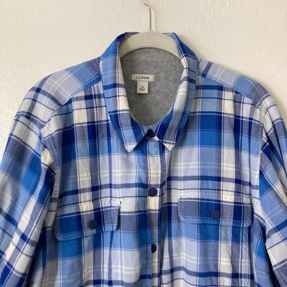 LL Bean Fleece Sherpa Lined Blue Flannel Long Sleeve Snap Front Chore Shirt 1X - Picture 2 of 12